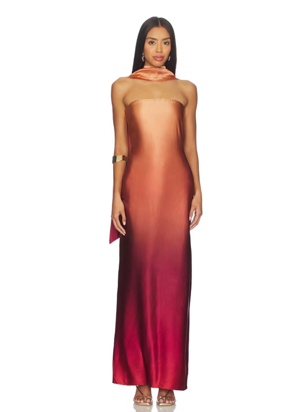 NBD Revolve Coralena Red Gold Ombre Strapless Scarf Satin Party Maxi Dress S NWT